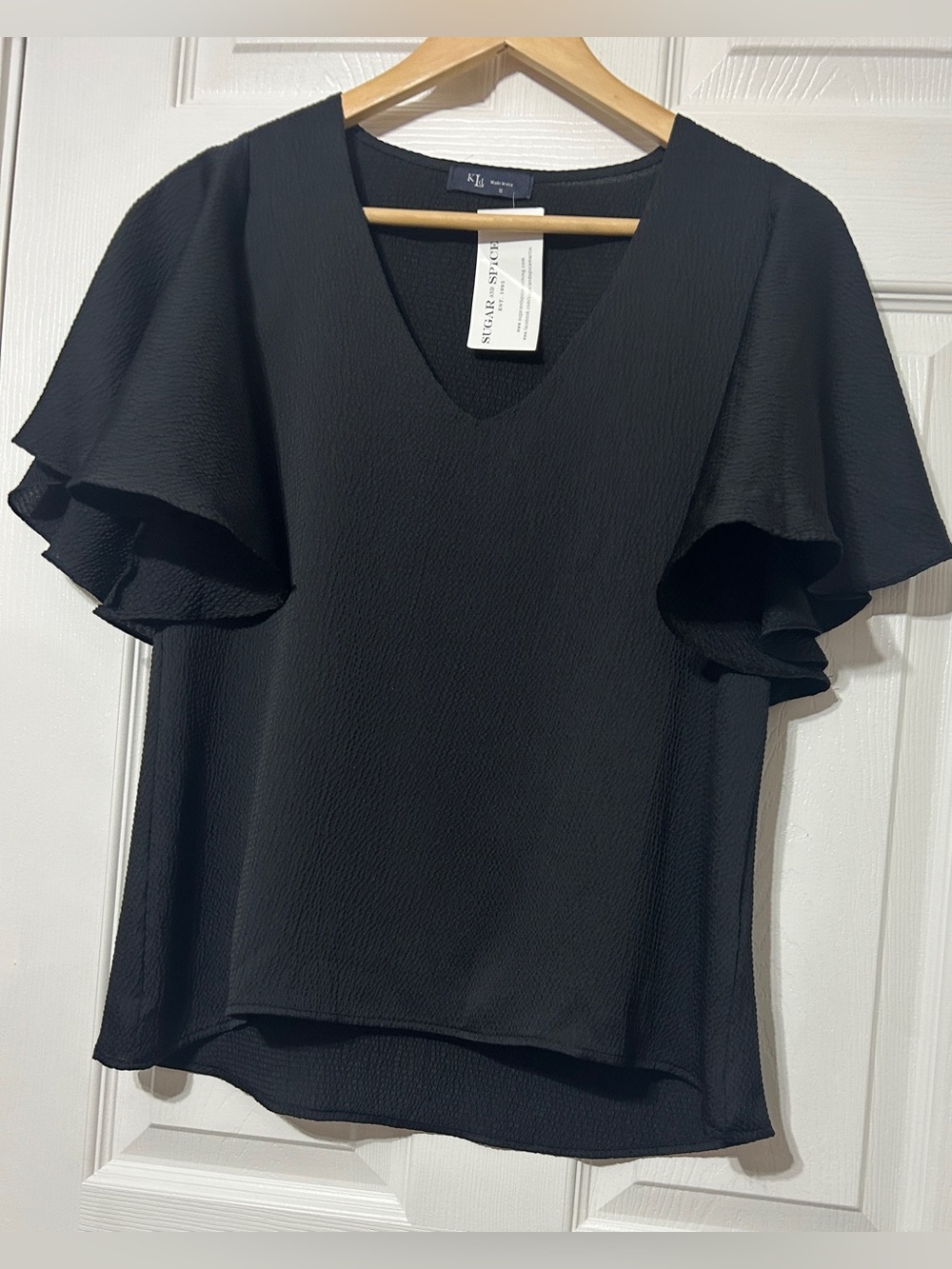 KLD Boutique Black Flutter Sleeve Blouse Top NWT Women’s Size S